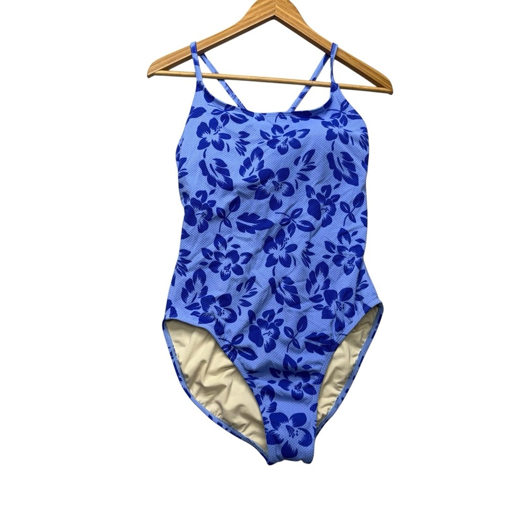Cherokee Women's Swimsuit 16 Blue Floral Open Cross Cross Back Swim